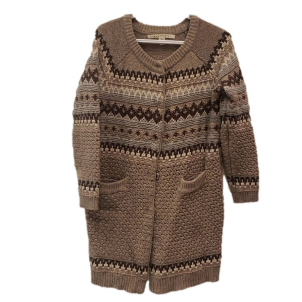 Max Studio Sweater Snap Buttons Pockets Lambswool Blend Beige Women's Larg